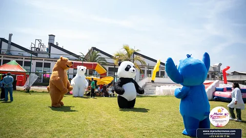 Mascottes gonflables géantes : ours brun, ours polaire, panda et Stitch sur la pelouse